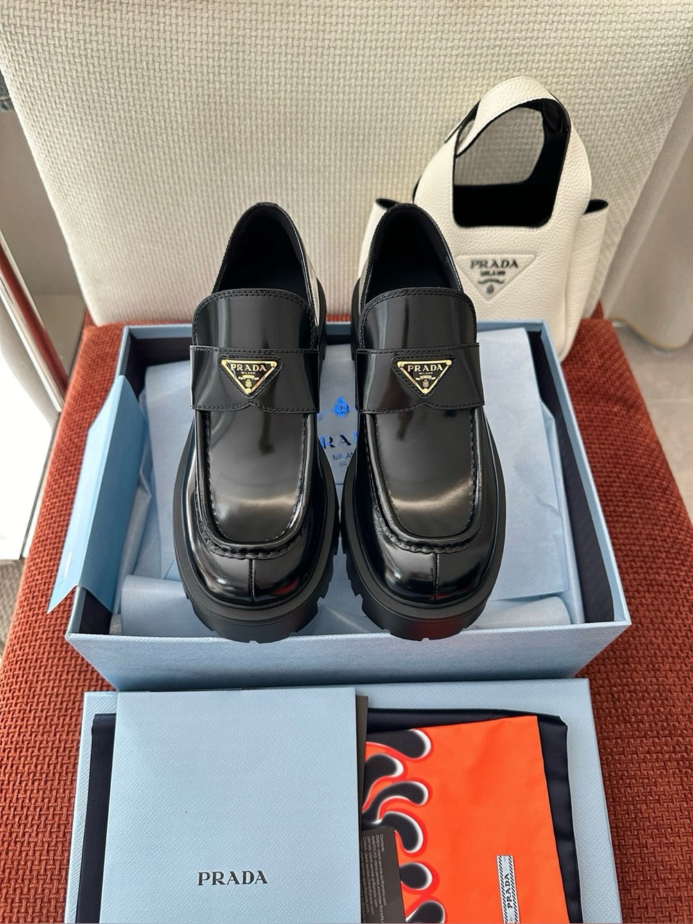 Prada Black Patent Leather Chunky Penny Loafers